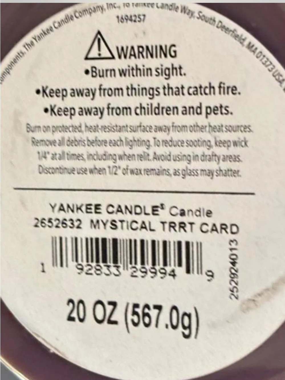 Yankee Candle Purple Mystical Tarot Card Scent 20oz Jar Licorice Cherry Tonka